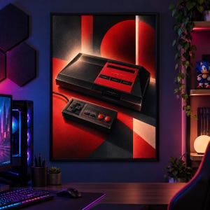 Puede incluir: Un cuadro decorativo enmarcado que muestra una consola de videojuegos retro negra y roja junto a un mando rectangular a juego con una cruceta y dos botones rojos, sobre un fondo geom&eacute;trico de formas audaces en rojo y negro.