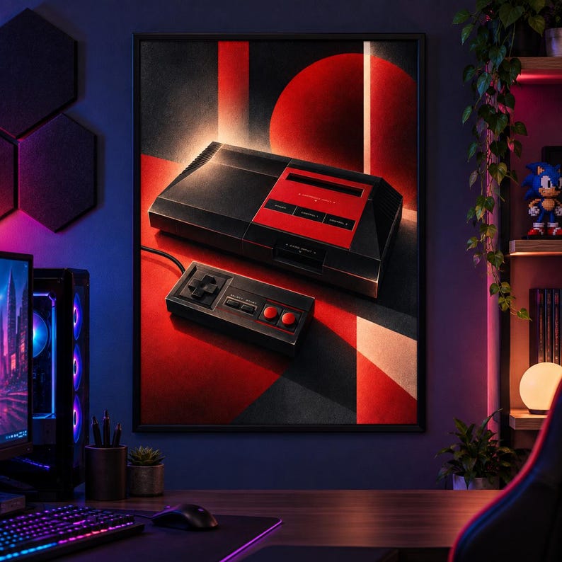 Puede incluir: Un cuadro decorativo enmarcado que muestra una consola de videojuegos retro negra y roja junto a un mando rectangular a juego con una cruceta y dos botones rojos, sobre un fondo geom&eacute;trico de formas audaces en rojo y negro.
