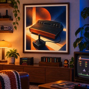 K&ouml;nnte beinhalten: Ein gerahmter Wandkunstdruck, der eine Retro-Spielkonsole mit Holzmaserung und einem schwarzen Joystick-Controller zeigt. Das Kunstwerk zeigt einen stilisierten, geometrischen Hintergrund mit warmen orangefarbenen und tiefblauen Lichtstrahlen.
