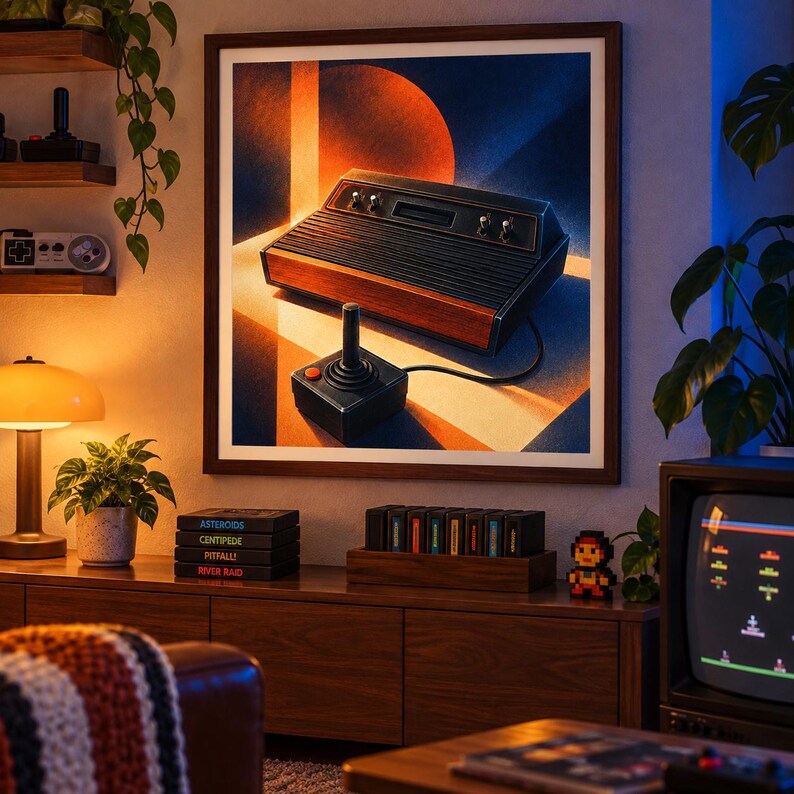 K&ouml;nnte beinhalten: Ein gerahmter Wandkunstdruck, der eine Retro-Spielkonsole mit Holzmaserung und einem schwarzen Joystick-Controller zeigt. Das Kunstwerk zeigt einen stilisierten, geometrischen Hintergrund mit warmen orangefarbenen und tiefblauen Lichtstrahlen.