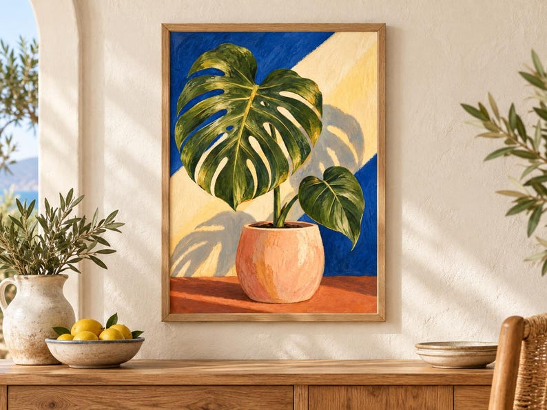 Puede incluir: Un cuadro enmarcado de una planta monstera verde en una maceta color melocot&oacute;n. El fondo presenta rayas diagonales de color azul oscuro y amarillo p&aacute;lido, con una sombra de las hojas de la planta proyectada sobre la secci&oacute;n amarilla.