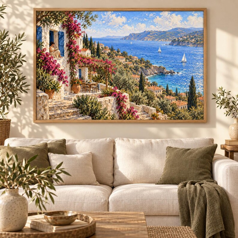 May include: A framed landscape painting depicting a Mediterranean coastal scene with a white stone villa, vibrant pink bougainvillea, and a blue sea with sailboats. The artwork features a terrace, lush greenery, and a distant hillside town under a blue sky.