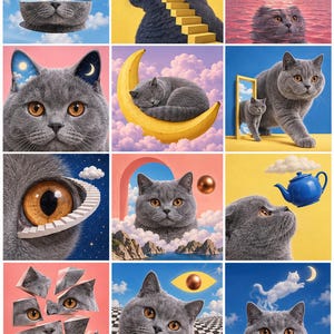 Puede incluir: Un collage de doce im&aacute;genes surrealistas que muestran un gato British Shorthair gris con ojos naranjas en varios escenarios on&iacute;ricos, incluyendo segmentos de gato flotantes, un gato en una luna de pl&aacute;tano, en una taza y escaleras en un ojo.
