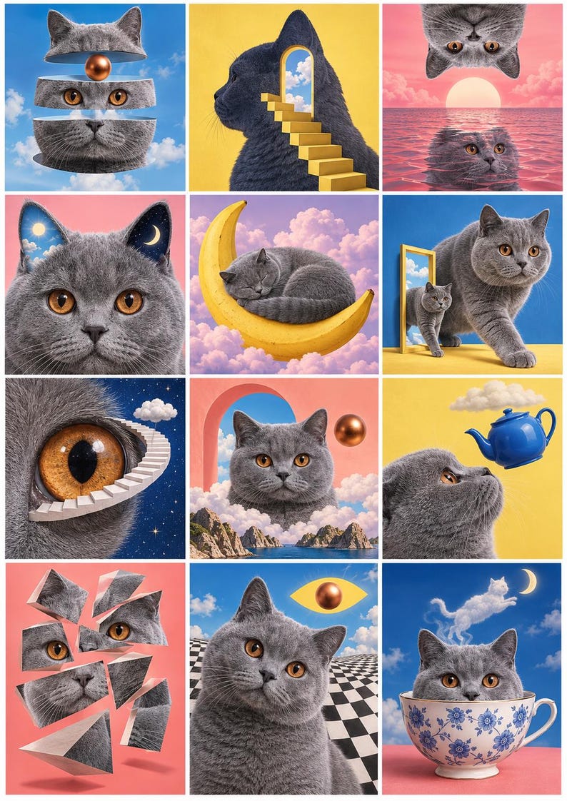 Puede incluir: Un collage de doce im&aacute;genes surrealistas que muestran un gato British Shorthair gris con ojos naranjas en varios escenarios on&iacute;ricos, incluyendo segmentos de gato flotantes, un gato en una luna de pl&aacute;tano, en una taza y escaleras en un ojo.