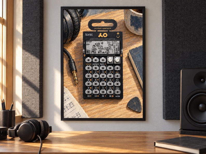 May include: A black Teenage Engineering PO-32 Tonic pocket operator synthesizer featuring a monochrome LCD screen with animated graphics, sixteen numbered buttons, two silver rotary knobs, and the text "tonic" and "pocket operator" printed on top.