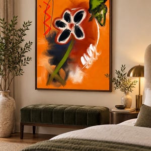 May include: A rectangular wall art piece featuring an abstract floral design on a vibrant orange background. The painting displays a central black and white flower with a green stem, accented by red zigzag lines and white brushstroke details.