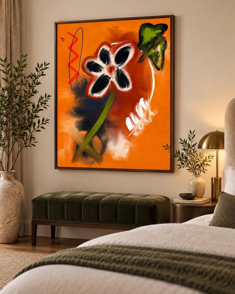May include: A rectangular wall art piece featuring an abstract floral design on a vibrant orange background. The painting displays a central black and white flower with a green stem, accented by red zigzag lines and white brushstroke details.