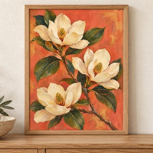 Magnolia Printable Wall Art, Cream Flowers on Coral Botanical Poster, A2 Digital Download image 1