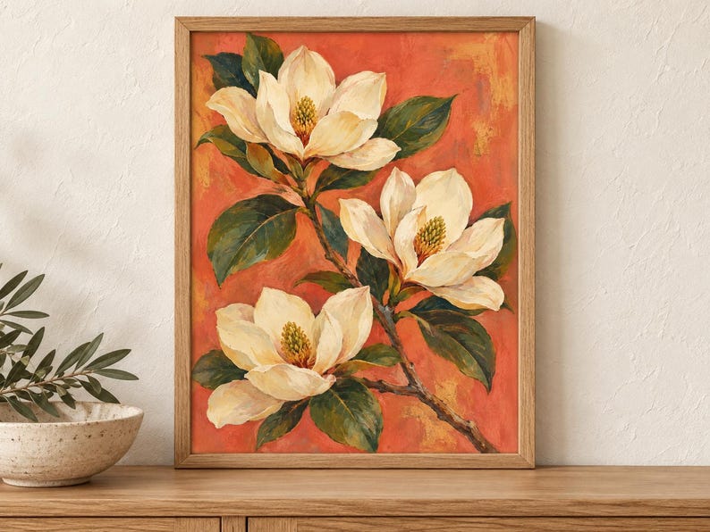 Magnolia Printable Wall Art, Cream Flowers on Coral Botanical Poster, A2 Digital Download image 1