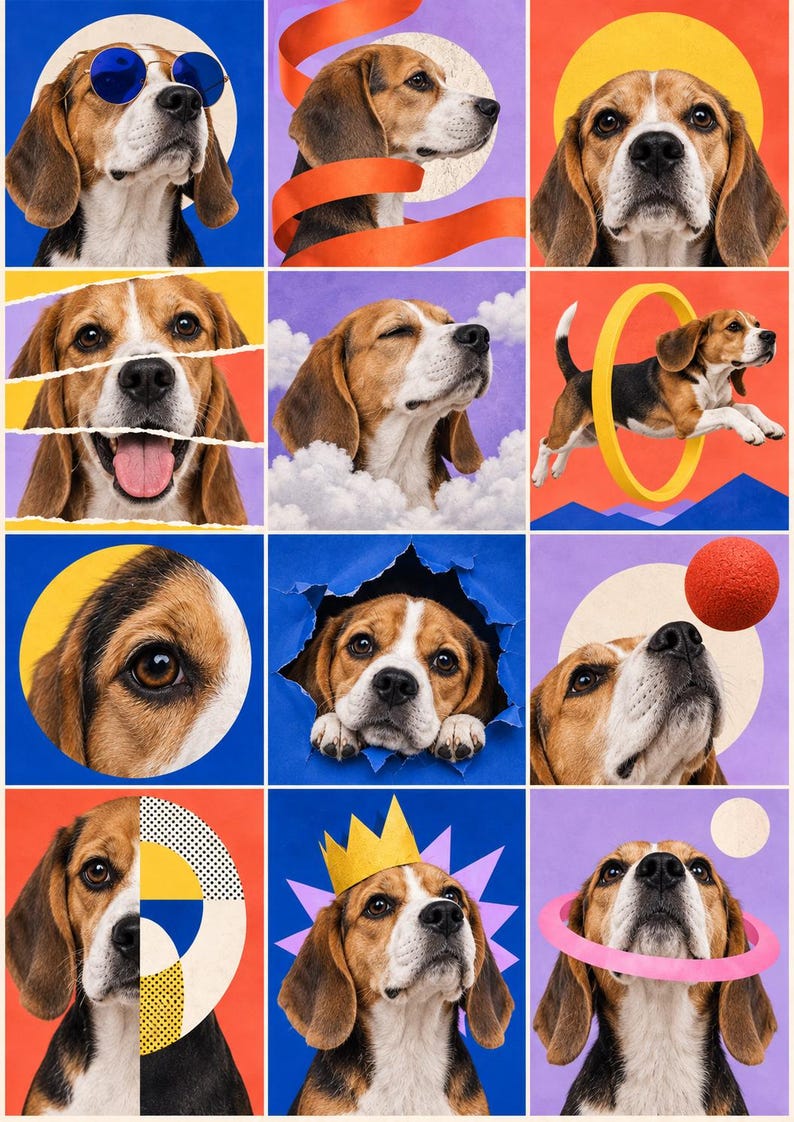 Puede incluir: Un collage de doce paneles cuadrados que muestra a un perro beagle en varias poses y entornos, incluyendo con gafas de sol azules, saltando a trav&eacute;s de un aro amarillo, asom&aacute;ndose por papel azul rasgado y con una corona de papel amarilla.