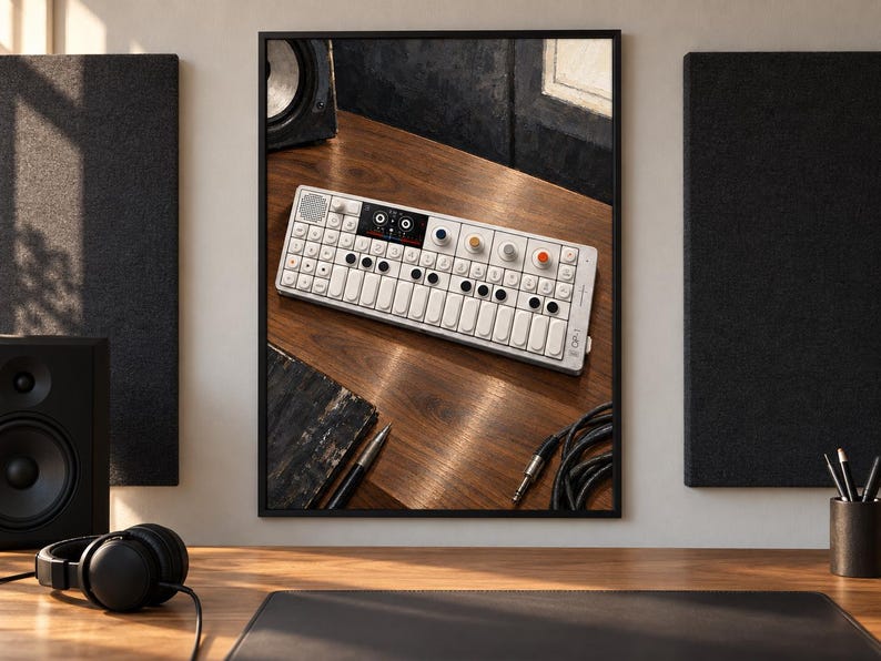 May include: A white portable synthesiser with a keyboard, multiple circular knobs, and a small digital display screen. The device features a grid of buttons, a speaker grille, and the text OP-1 printed on the right side of the rectangular chassis.