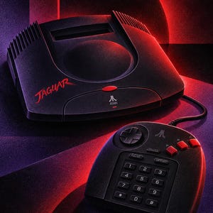 K&ouml;nnte beinhalten: Eine schwarze Atari Jaguar Videospielkonsole mit passendem Controller. Die Konsole zeigt den Schriftzug JAGUAR in roter Farbe, ein Atari-Logo und eine kreisf&ouml;rmige Vertiefung auf der Oberseite. Der Controller besitzt ein Steuerkreuz, ein Tastenfeld und rote Tasten.