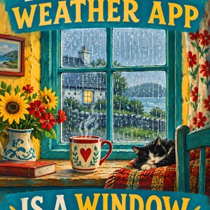 May include: A colorful painting depicting a rainy view through a window with the text MY IRISH WEATHER APP IS A WINDOW. The scene includes a vase of sunflowers, a steaming mug with a red heart, and a black and white cat sleeping on a red blanket.