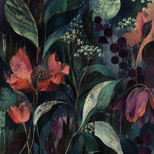 Puede incluir: Una pintura bot&aacute;nica que presenta grandes flores rojas y moradas, follaje verde oscuro y peque&ntilde;os racimos de flores blancas sobre un fondo azul marino profundo. Una luna p&aacute;lida y circular es visible en la esquina superior derecha.