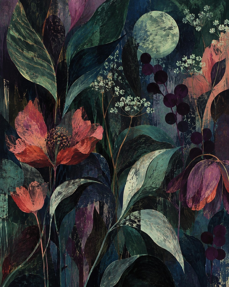 Puede incluir: Una pintura bot&aacute;nica que presenta grandes flores rojas y moradas, follaje verde oscuro y peque&ntilde;os racimos de flores blancas sobre un fondo azul marino profundo. Una luna p&aacute;lida y circular es visible en la esquina superior derecha.