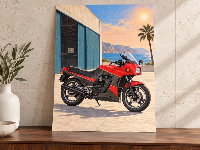 May include: A rectangular wall art print featuring a red and black sport motorcycle parked on a paved surface. The background displays a blue building, a palm tree, a calm sea, and a bright sun in the sky, creating a coastal outdoor scene.