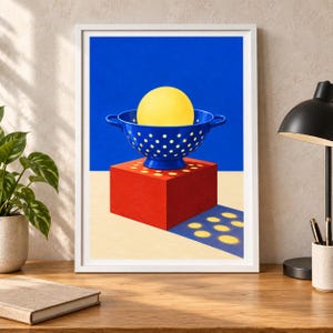 Puede incluir: Una impresi&oacute;n art&iacute;stica enmarcada que muestra una esfera amarilla brillante dentro de un colador azul con lunares blancos. El colador se asienta sobre un cubo rojo s&oacute;lido en una superficie beige claro, proyectando una sombra con patrones circulares.