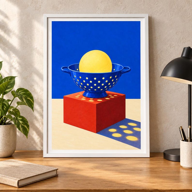 Puede incluir: Una impresi&oacute;n art&iacute;stica enmarcada que muestra una esfera amarilla brillante dentro de un colador azul con lunares blancos. El colador se asienta sobre un cubo rojo s&oacute;lido en una superficie beige claro, proyectando una sombra con patrones circulares.