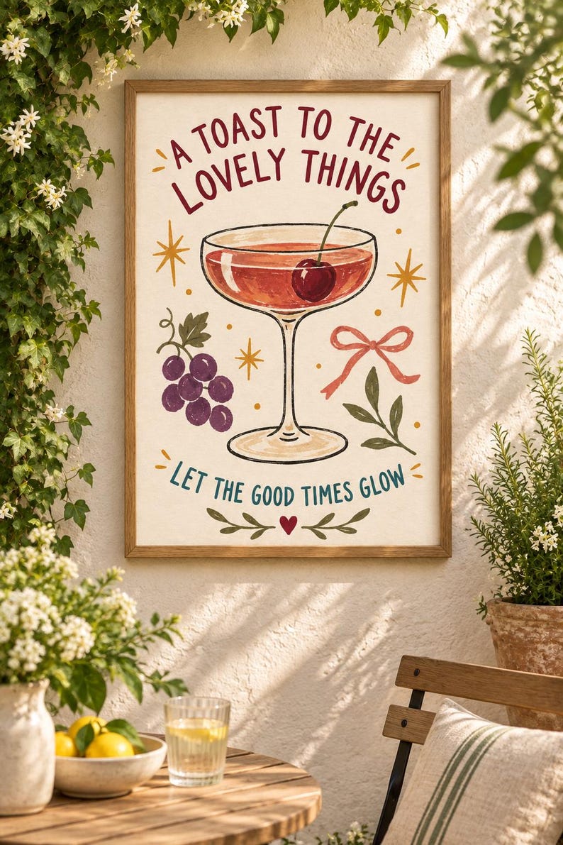 May include: A framed wall art print featuring a cocktail glass with a cherry, a cluster of purple grapes, a pink ribbon, and green leaves. The text reads A TOAST TO THE LOVELY THINGS and LET THE GOOD TIMES GLOW, accented by yellow star icons and a small red heart.