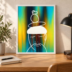 May include: A framed wall art print featuring a white line drawing of a person with a stacked object on their head, set against a vibrant, vertical gradient background of blue, yellow, and orange tones within a simple white frame.