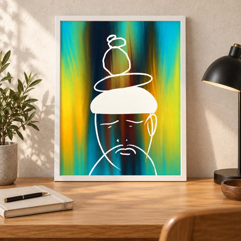 May include: A framed wall art print featuring a white line drawing of a person with a stacked object on their head, set against a vibrant, vertical gradient background of blue, yellow, and orange tones within a simple white frame.