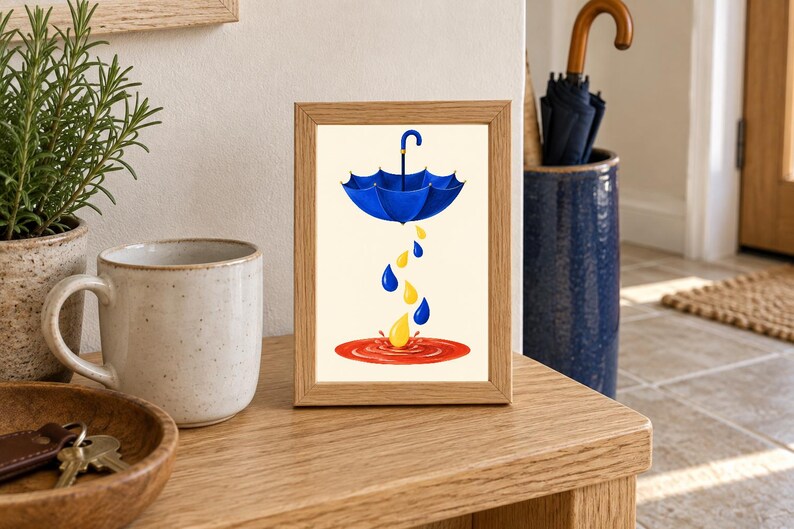 Pu&ograve; includere: Una cornice rettangolare in legno contenente la stampa di un ombrello blu sospeso in aria. Sotto l'ombrello, gocce blu e gialle cadono in una pozza rossa circolare, creando un effetto di schizzo su uno sfondo color crema chiaro.