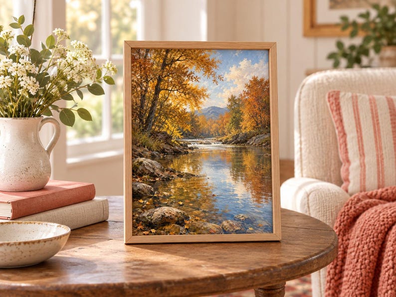 K&ouml;nnte beinhalten: Ein gerahmtes Landschaftsgem&auml;lde, das einen Fluss zeigt, der im Herbst durch einen Wald flie&szlig;t. Die Szene umfasst goldene und orangefarbene B&auml;ume, felsige Ufer und ferne Berge unter einem blauen Himmel, eingefasst in einen hellen Holzrahmen.