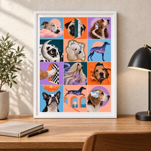 K&ouml;nnte beinhalten: Ein gerahmter Wandkunstdruck mit einem Raster aus zw&ouml;lf surrealistischen Hundeillustrationen. Jedes Quadrat zeigt eine andere Hunderasse, integriert mit traumhaften Elementen wie schwebenden Wolken, Mondsicheln, Treppen und Portalen in leuchtenden Farben.