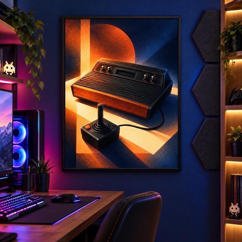 K&ouml;nnte beinhalten: Ein gerahmter Wandkunstdruck, der eine Vintage-Spielkonsole mit Holzmaserung an den Seiten und einen schwarzen Joystick-Controller mit orangefarbenem Knopf vor einem geometrischen Hintergrund aus blauem und orangefarbenem Licht zeigt.