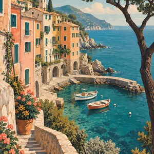 May include: A coastal scene featuring pastel-coloured buildings with green shutters lining a stone staircase. A terracotta pot with pink flowers sits on the steps. Two small boats float in the turquoise water of a rocky bay under a clear sky.