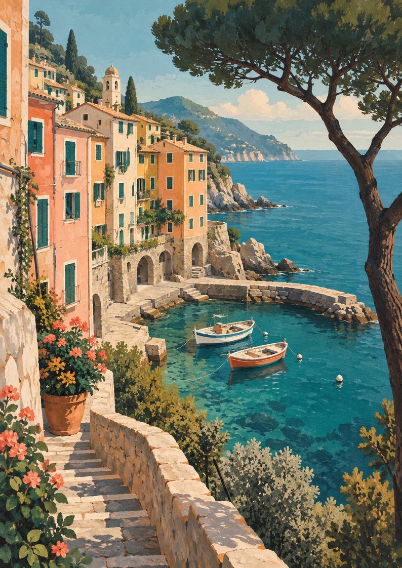 May include: A coastal scene featuring pastel-coloured buildings with green shutters lining a stone staircase. A terracotta pot with pink flowers sits on the steps. Two small boats float in the turquoise water of a rocky bay under a clear sky.