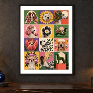 May include: A framed wall art print featuring a grid of twelve colorful illustrations of various dog breeds integrated with floral and botanical elements, including sunflowers, tulips, butterflies, and greenery against vibrant solid backgrounds.