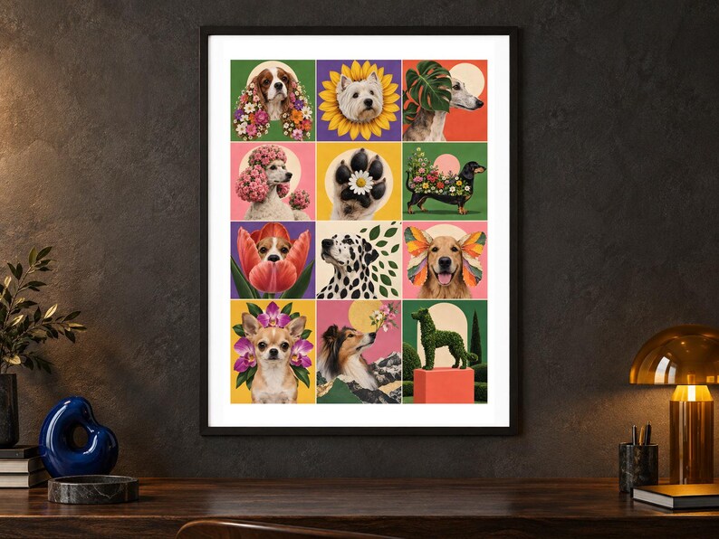 May include: A framed wall art print featuring a grid of twelve colorful illustrations of various dog breeds integrated with floral and botanical elements, including sunflowers, tulips, butterflies, and greenery against vibrant solid backgrounds.