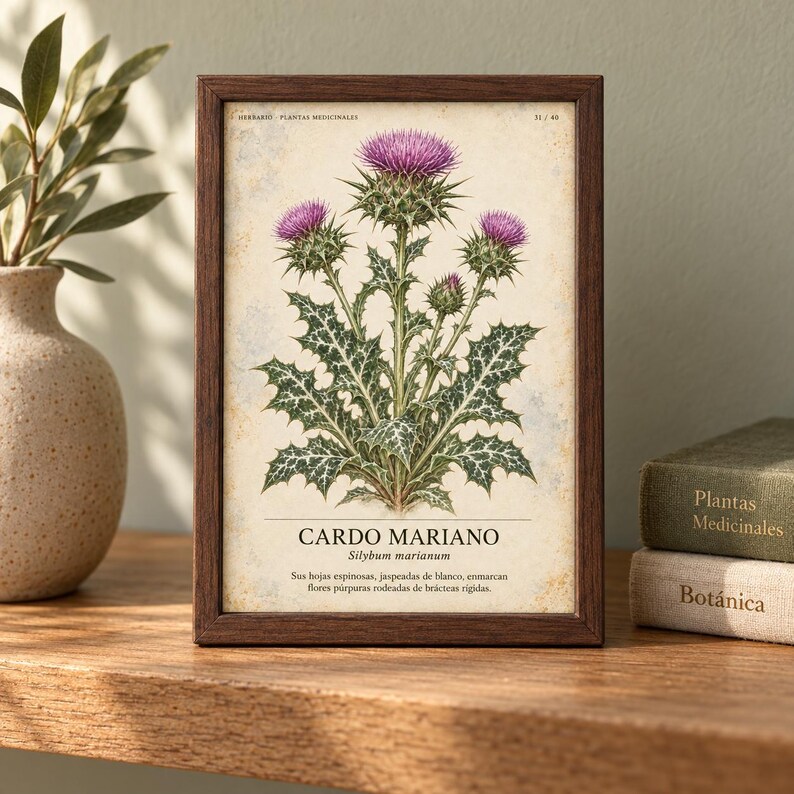 May include: A framed botanical print featuring a Silybum marianum plant with purple thistle flowers and green spiky leaves. The text reads "HERBARIO - PLANTAS MEDICINALES", "CARDO MARIANO", "Silybum marianum", and a descriptive sentence in Spanish.