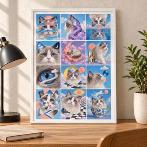 Puede incluir: Una l&aacute;mina de arte enmarcada que presenta una cuadr&iacute;cula de doce ilustraciones surrealistas de un gato esponjoso con ojos azules. Las im&aacute;genes muestran al gato en diversos entornos on&iacute;ricos, incluyendo nubes, una taza, una escalera y formas geom&eacute;tricas.
