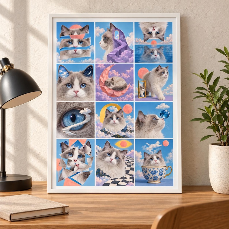 Puede incluir: Una l&aacute;mina de arte enmarcada que presenta una cuadr&iacute;cula de doce ilustraciones surrealistas de un gato esponjoso con ojos azules. Las im&aacute;genes muestran al gato en diversos entornos on&iacute;ricos, incluyendo nubes, una taza, una escalera y formas geom&eacute;tricas.