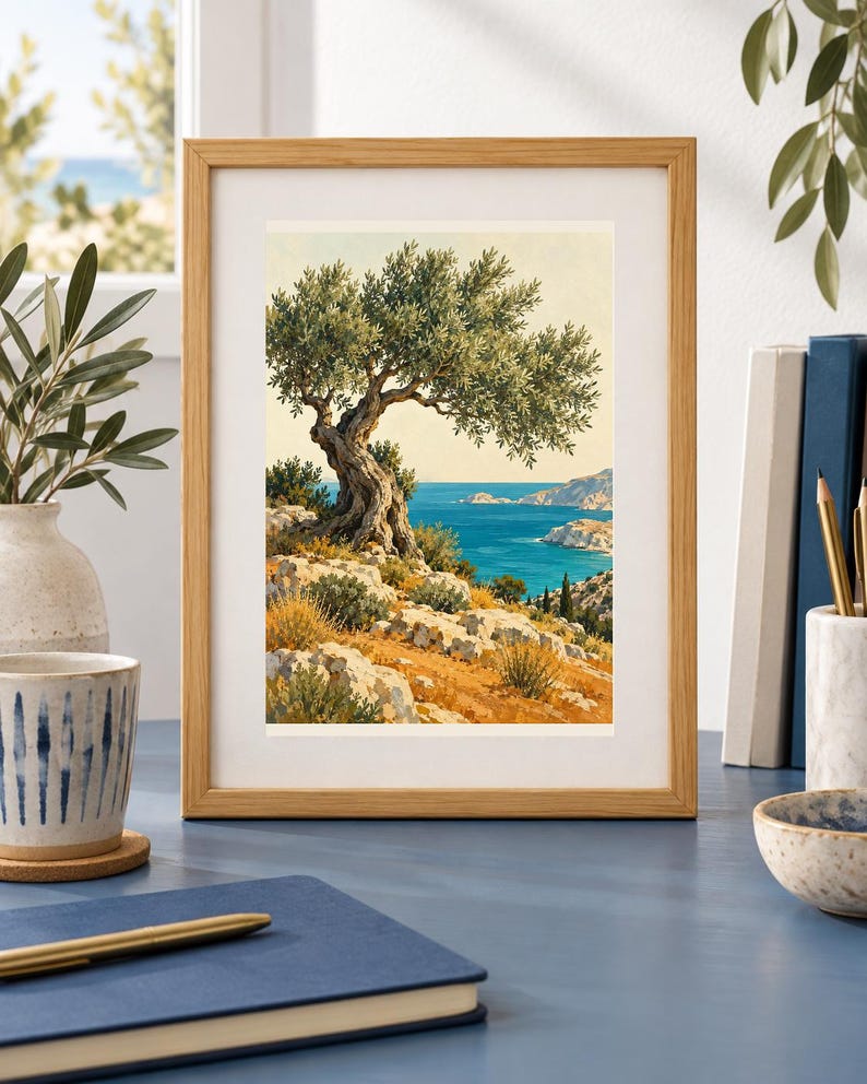 May include: A framed vertical art print featuring a gnarled olive tree perched on a rocky, sun-drenched hillside overlooking a deep blue sea. The landscape includes golden-brown grasses, light-coloured stone cliffs, and a distant coastal horizon.