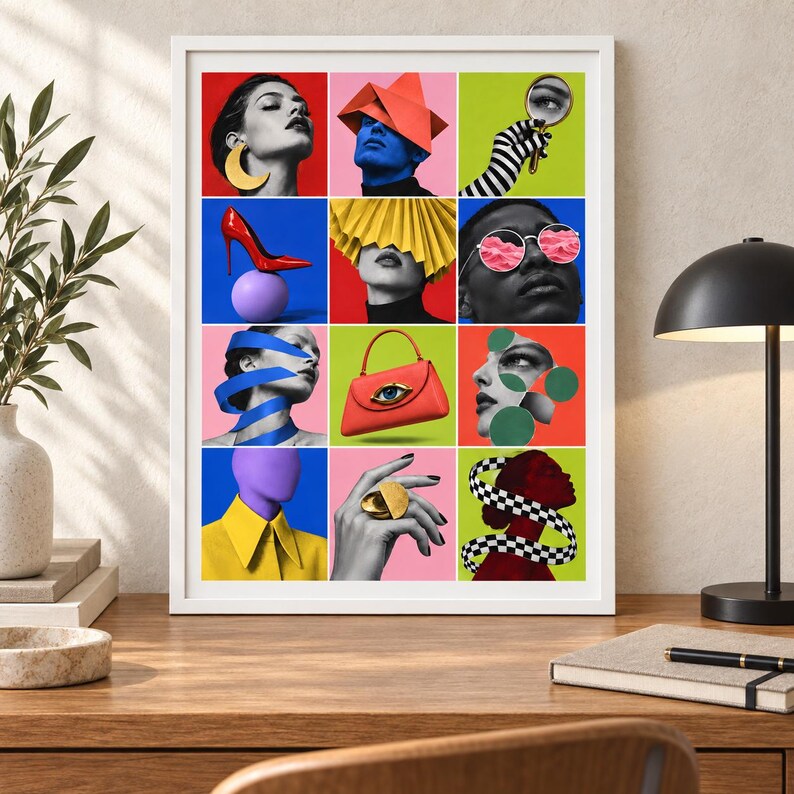May include: A framed collage print featuring twelve colorful square panels. The artwork displays various surrealist elements including faces, a red high heel on a purple sphere, a red handbag with an eye, sunglasses, and hands against vibrant backgrounds.