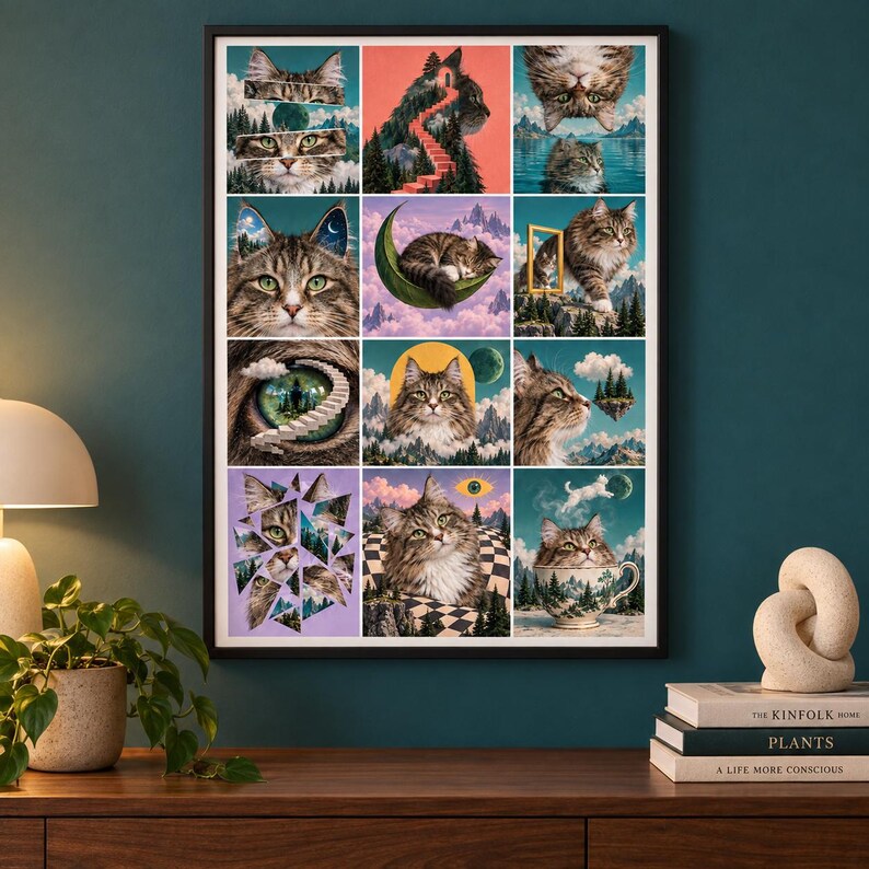May include: A rectangular wall art print featuring a grid of twelve surreal illustrations of tabby cats. The artwork displays cats integrated with landscapes, staircases, moons, and teacups in a variety of vibrant colors and dreamlike compositions.