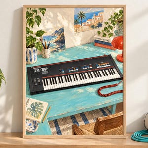 May include: A framed art print featuring a black Roland JX-3P synthesiser with white keys and colourful buttons, resting on a distressed turquoise desk. The scene includes potted plants, a red lamp, books, and a coiled red cable on the desk surface.