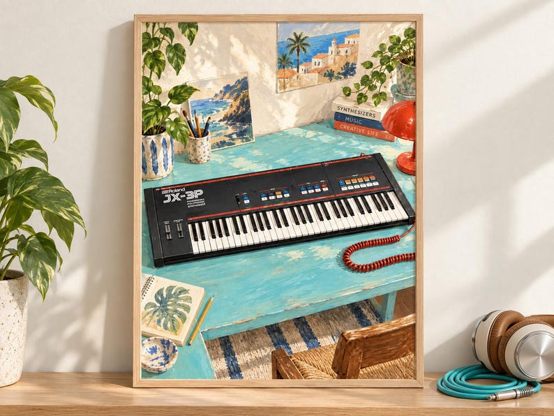 May include: A framed art print featuring a black Roland JX-3P synthesiser with white keys and colourful buttons, resting on a distressed turquoise desk. The scene includes potted plants, a red lamp, books, and a coiled red cable on the desk surface.