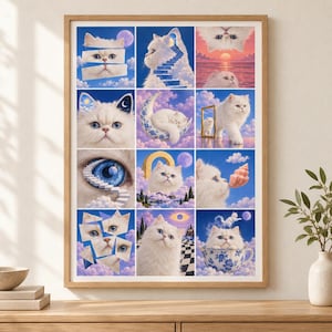 May include: A framed wall art print featuring a grid of twelve surreal illustrations of a white fluffy cat. The scenes include the cat with stairs, a crescent moon, a mirror, a seashell, a teacup, and abstract cloud-filled blue sky backgrounds.