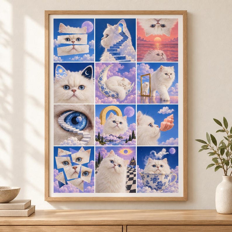 May include: A framed wall art print featuring a grid of twelve surreal illustrations of a white fluffy cat. The scenes include the cat with stairs, a crescent moon, a mirror, a seashell, a teacup, and abstract cloud-filled blue sky backgrounds.