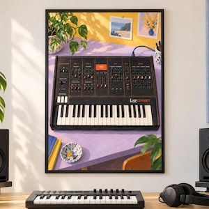 May include: A framed art print featuring an illustration of a black ARP Odyssey synthesizer with orange text and knobs, set on a light purple desk with a small bowl of guitar picks, a plant, and two small framed pictures on a yellow wall.