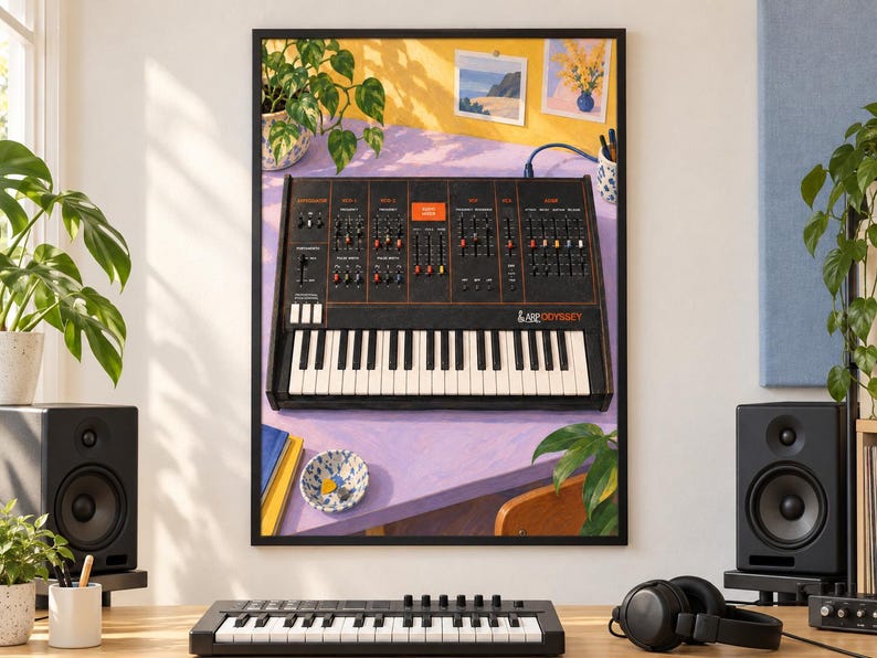 May include: A framed art print featuring an illustration of a black ARP Odyssey synthesizer with orange text and knobs, set on a light purple desk with a small bowl of guitar picks, a plant, and two small framed pictures on a yellow wall.