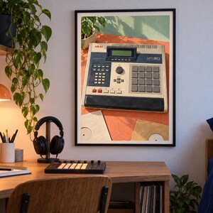 Pu&ograve; includere: Una stampa artistica da parete incorniciata raffigurante un campionatore per produzione musicale vintage Akai MPC60. Il dispositivo &egrave; grigio chiaro con un pannello di controllo blu scuro, display digitale, manopola centrale, tastierino e sedici pad.