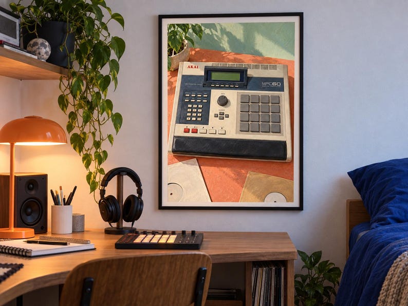 Pu&ograve; includere: Una stampa artistica da parete incorniciata raffigurante un campionatore per produzione musicale vintage Akai MPC60. Il dispositivo &egrave; grigio chiaro con un pannello di controllo blu scuro, display digitale, manopola centrale, tastierino e sedici pad.