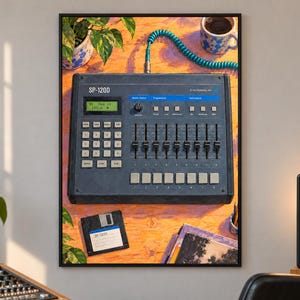 May include: A dark gray SP-1200 drum machine sampler featuring a digital display, a numeric keypad, eight vertical faders, and a row of eight square buttons. A blue coiled cable is connected to the top, and a black floppy disk sits below.