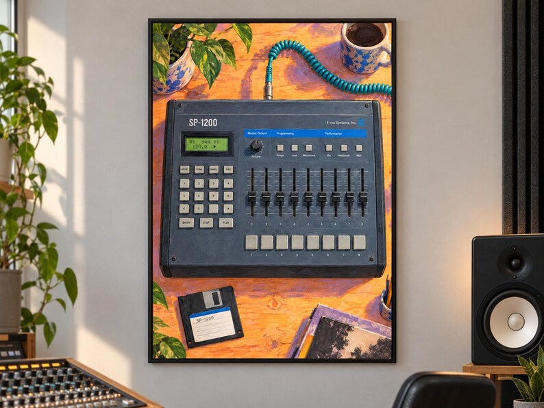 May include: A dark gray SP-1200 drum machine sampler featuring a digital display, a numeric keypad, eight vertical faders, and a row of eight square buttons. A blue coiled cable is connected to the top, and a black floppy disk sits below.