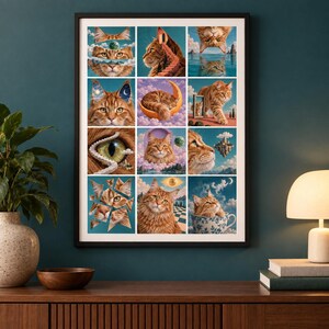 May include: A framed wall art print featuring a grid of twelve surreal illustrations of orange tabby cats. The images depict cats integrated with celestial bodies, staircases, clouds, mirrors, and a floral teacup, all rendered in a vibrant, dreamlike style.